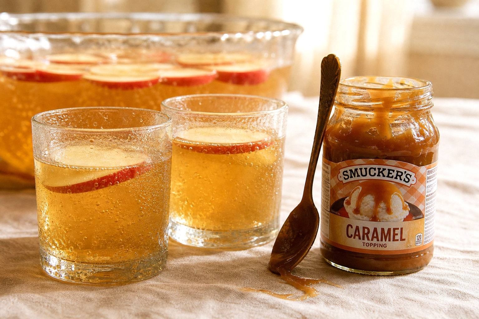 Two glasses of caramel apple punch beside a jar of caramel sauce on a party table