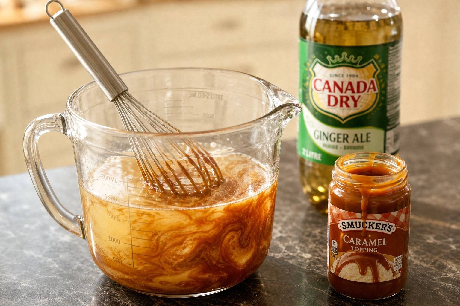 Caramel sauce being whisked into a jug of apple juice to loosen it
