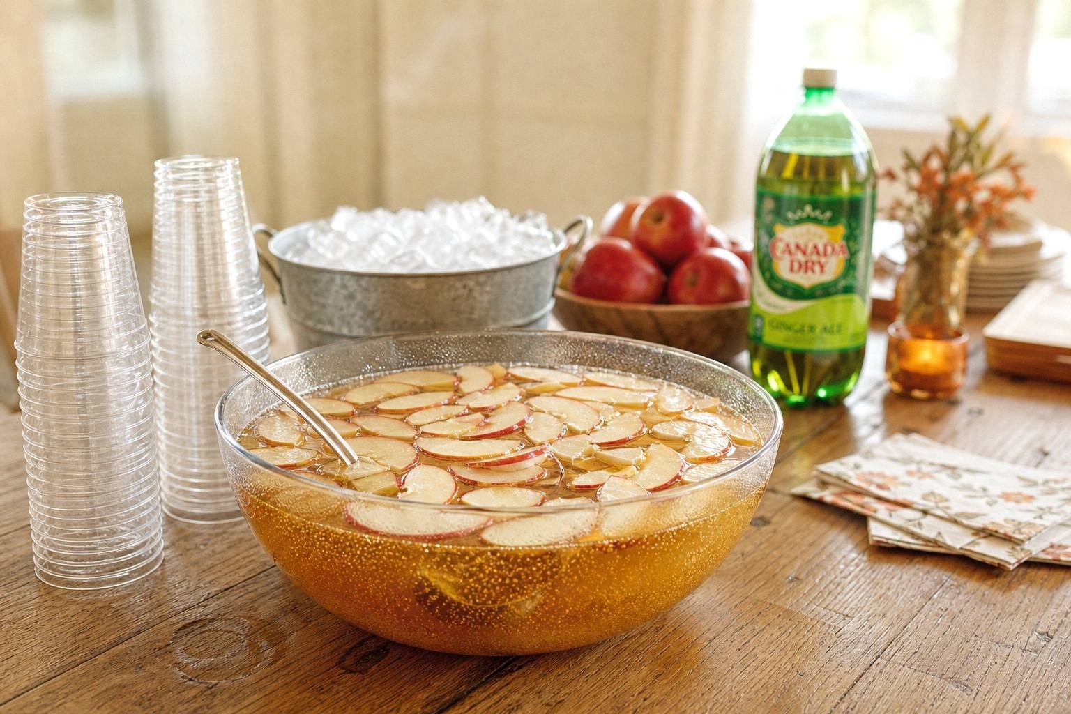 Punch bowl on a fall party table with stacked cups and a bucket of ice beside it