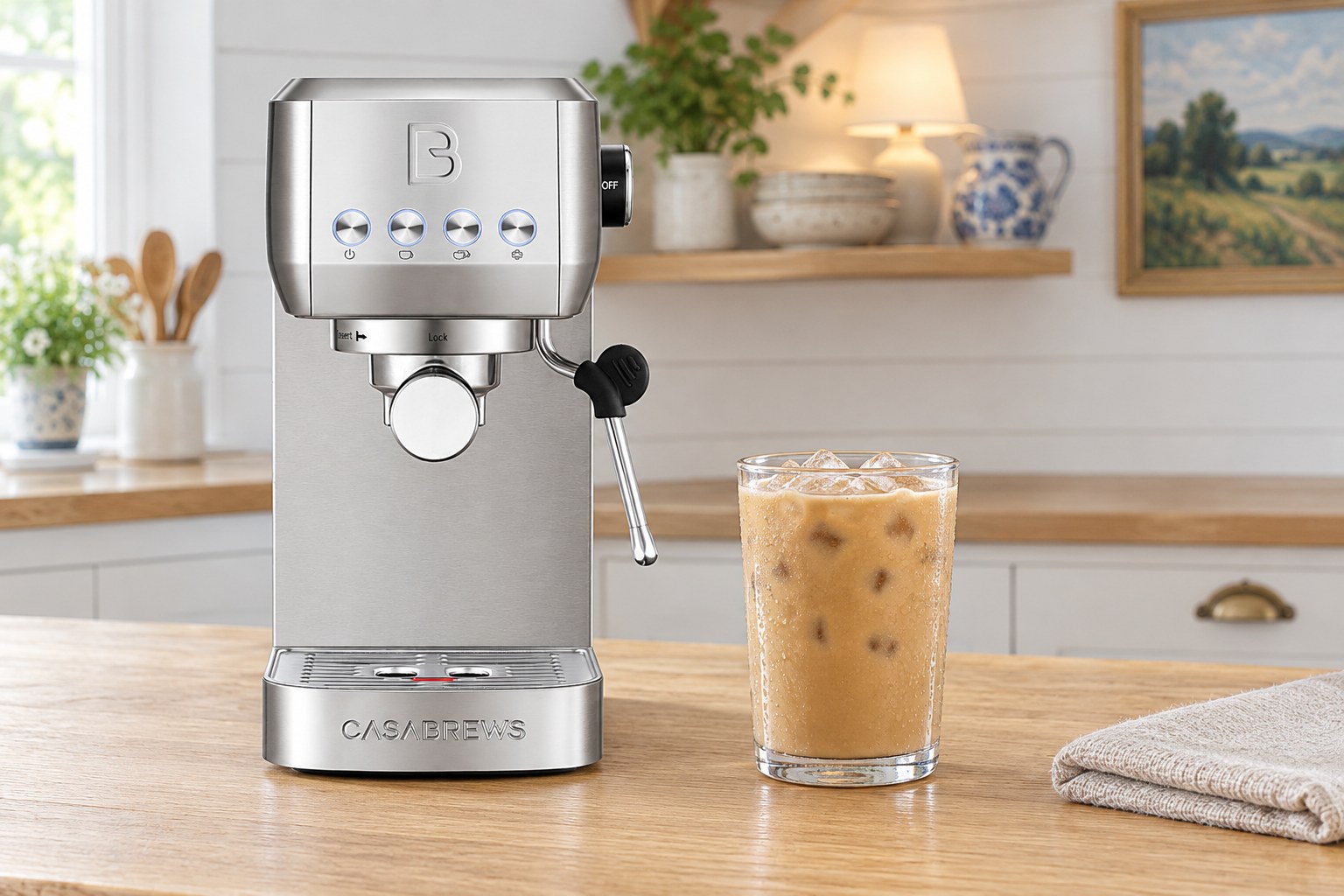 CASABREWS 3700 Essential espresso machine on a wood kitchen counter beside an iced latte