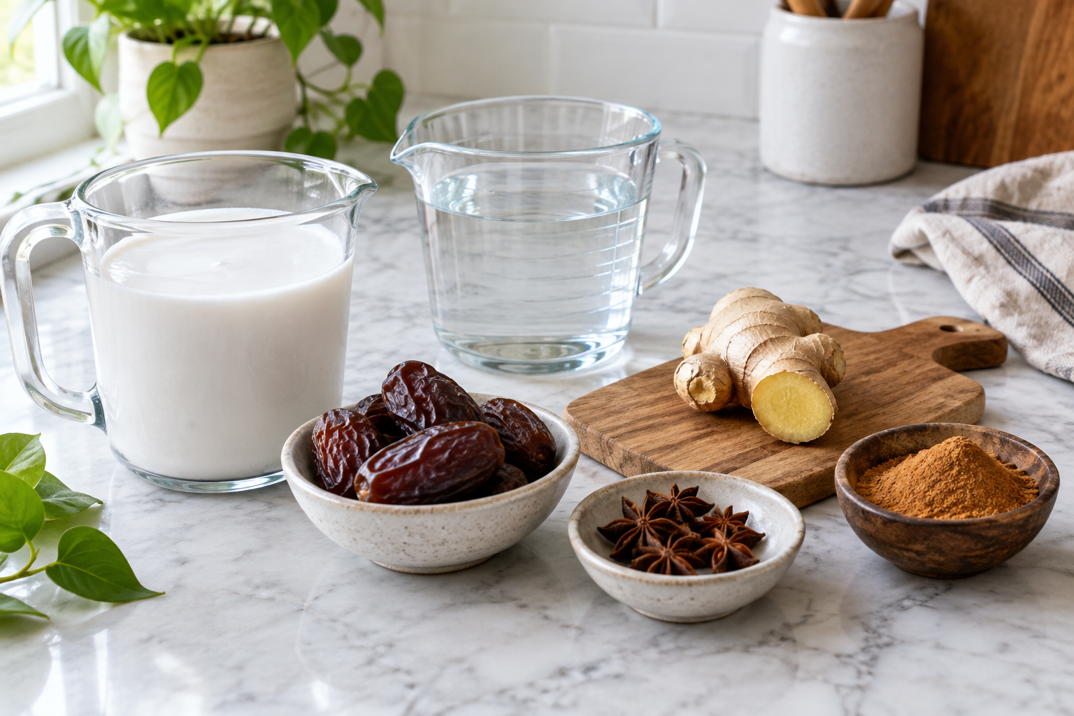 Coconut milk, water, dates, ginger and spices on a counter