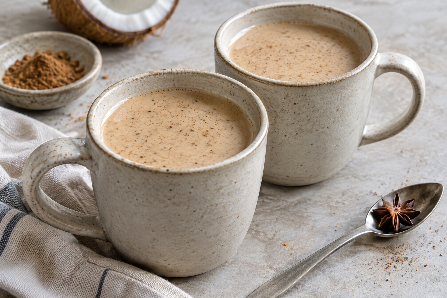 Two mugs of chai-spiced coconut milk with removed star anise beside them