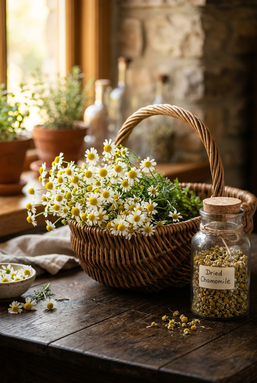 Fresh chamomile flowers in a woven basket with dried chamomile in a glass jar and a cup of golden chamomile tea