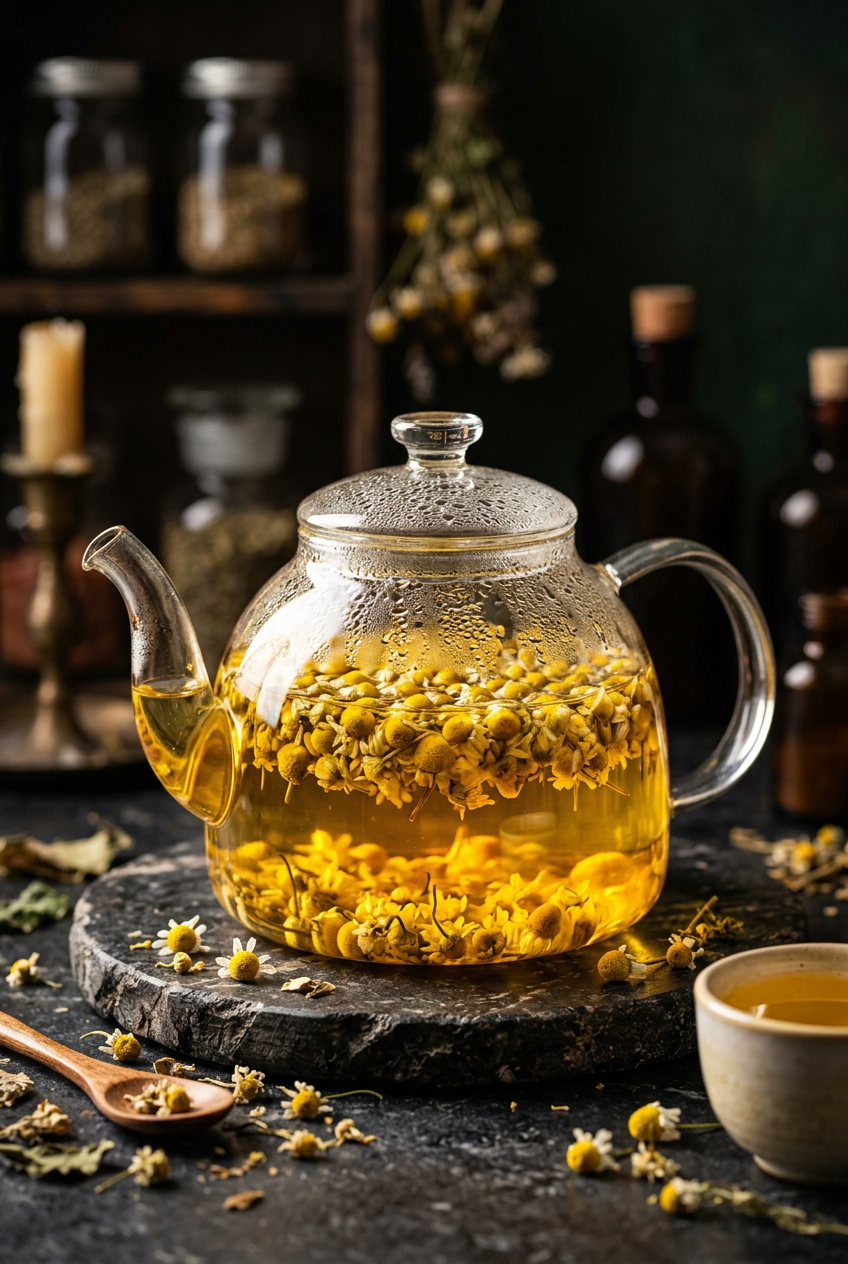 A glass teapot of golden chamomile tea steeping with fresh chamomile flowers beside it on a marble surface