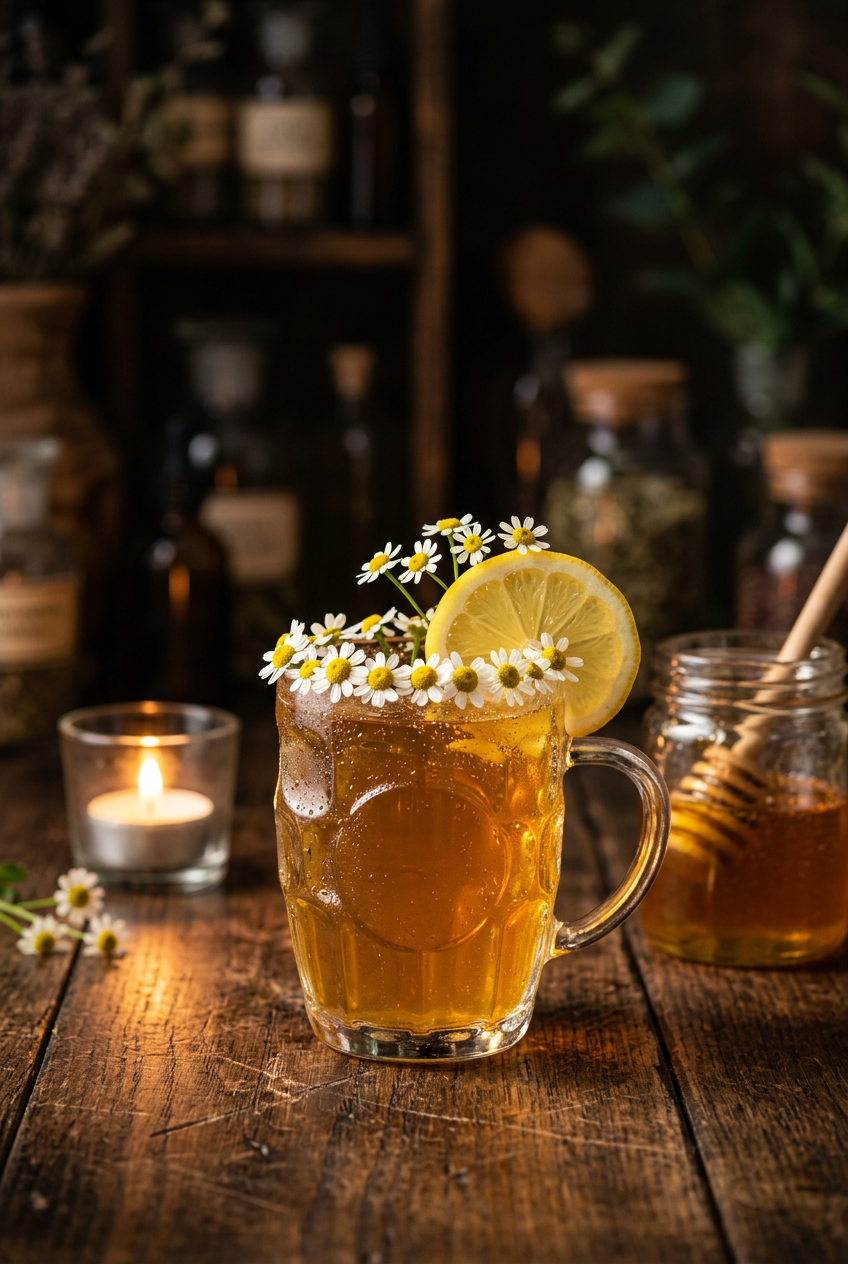 Chamomile honey tonic in a glass mug with lemon slices and dried chamomile on a rustic wooden surface