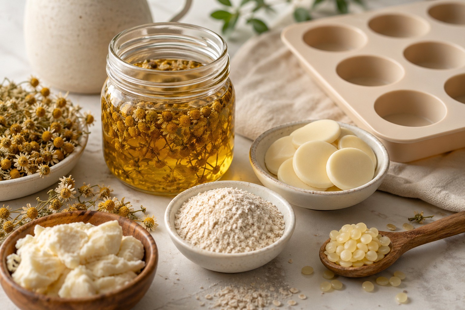 Dried chamomile flowers, finely ground oats, cocoa butter wafers, beeswax pastilles, and golden infused oil arranged beside silicone molds