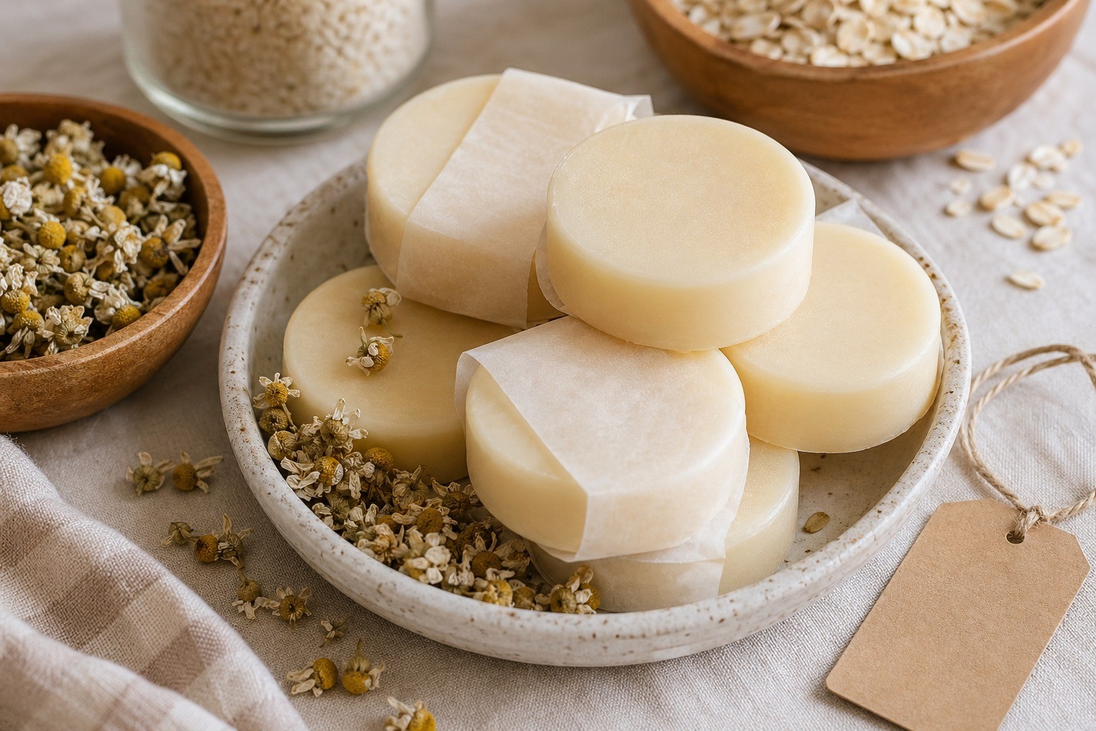 Melted chamomile lotion bar mixture being poured into round silicone molds with oats and chamomile flowers nearby