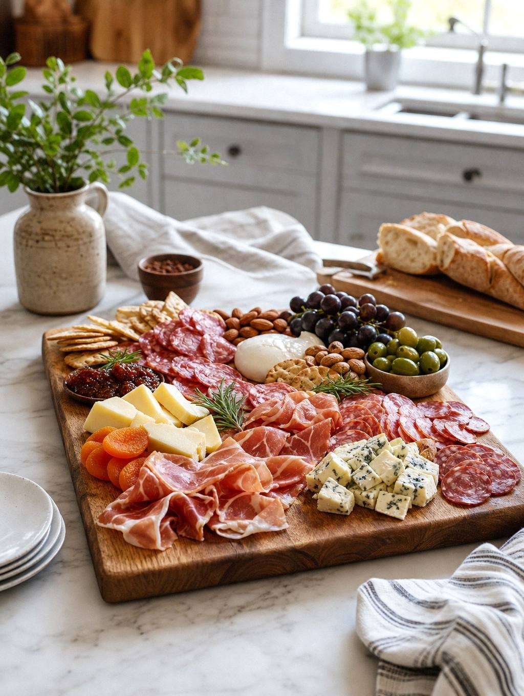 one and a half pounds of cheese blocks and packaged cured meats on a kitchen counter next to a wooden board