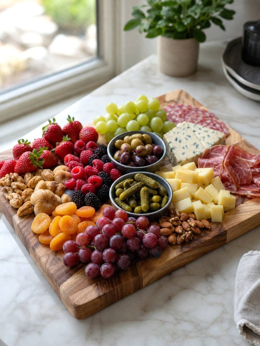 clusters of grapes, berries, dried apricots, almonds, and olives arranged around cheese on a charcuterie board