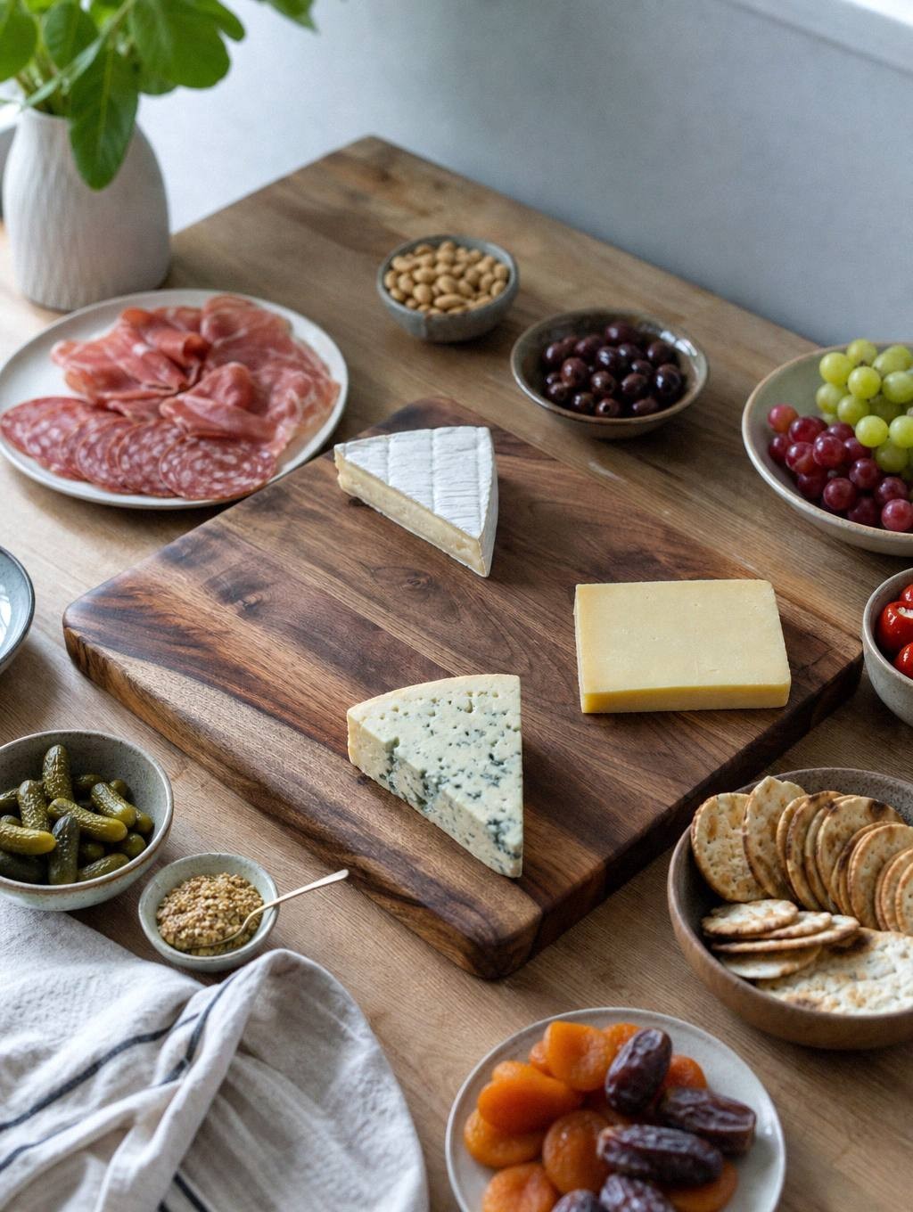 three cheese wedges spaced on an empty wooden board with folded salami slices in small piles between them
