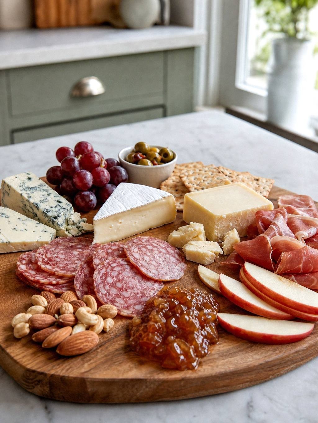 three types of cheese on wooden board with sliced manchego, whole brie wedge, and cubed cheddar
