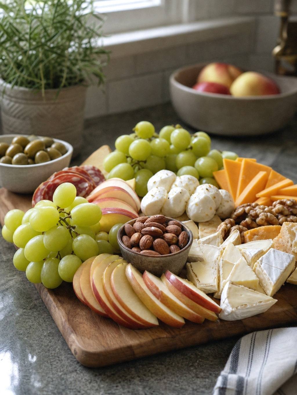 grape clusters, sliced apples, strawberries, and pecans arranged around cheese on serving board