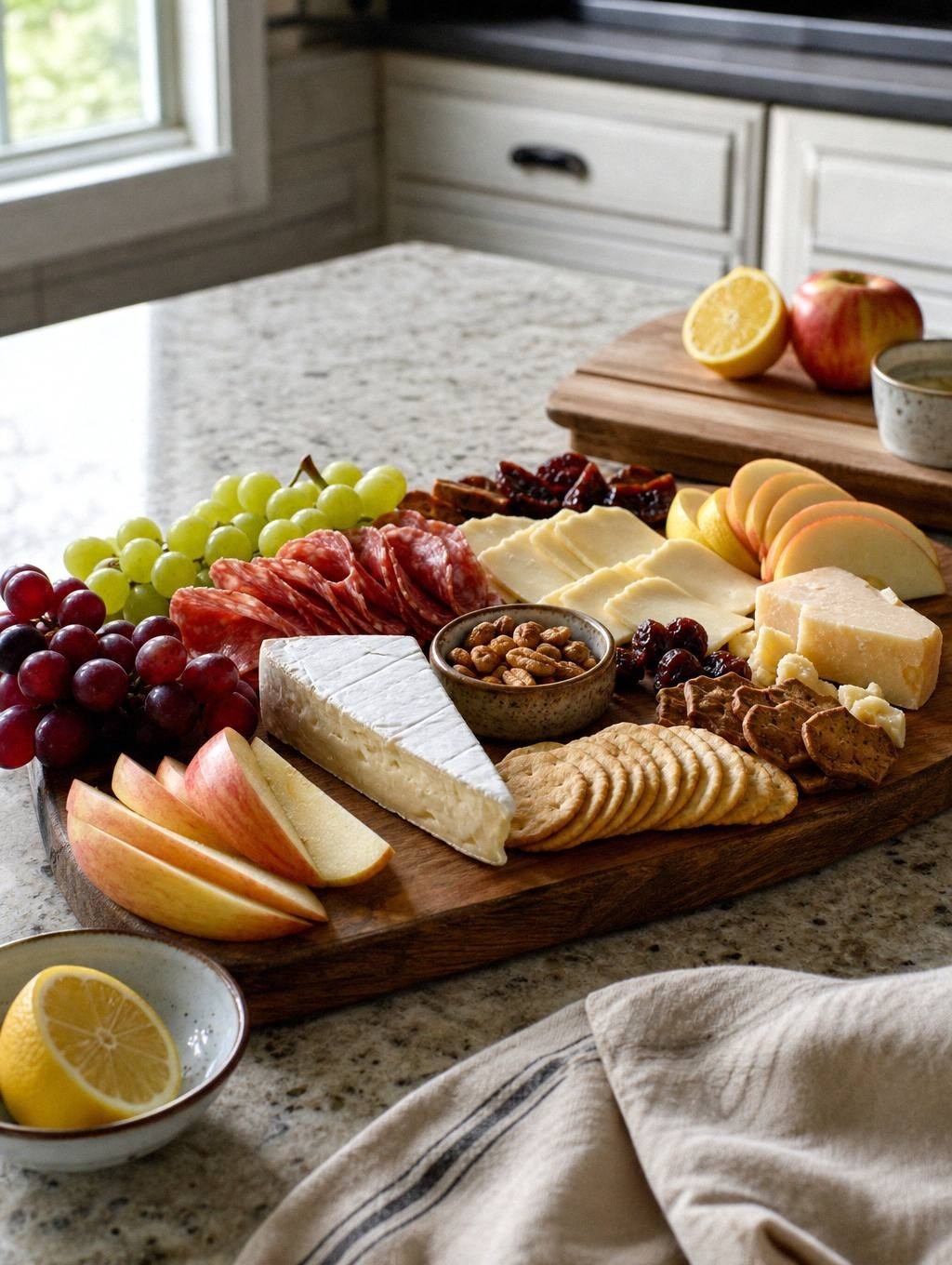 room temperature brie with spreading knife next to sliced apples tossed with lemon juice