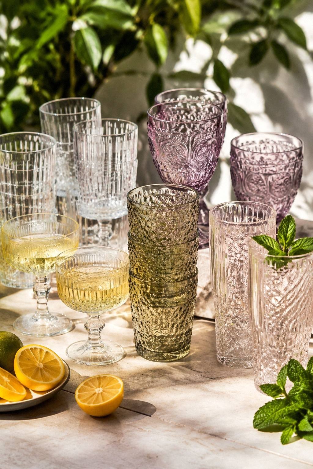 cheap glassware that looks like vintage barware with pressed tumblers coupes goblets and mocktails on a summer table