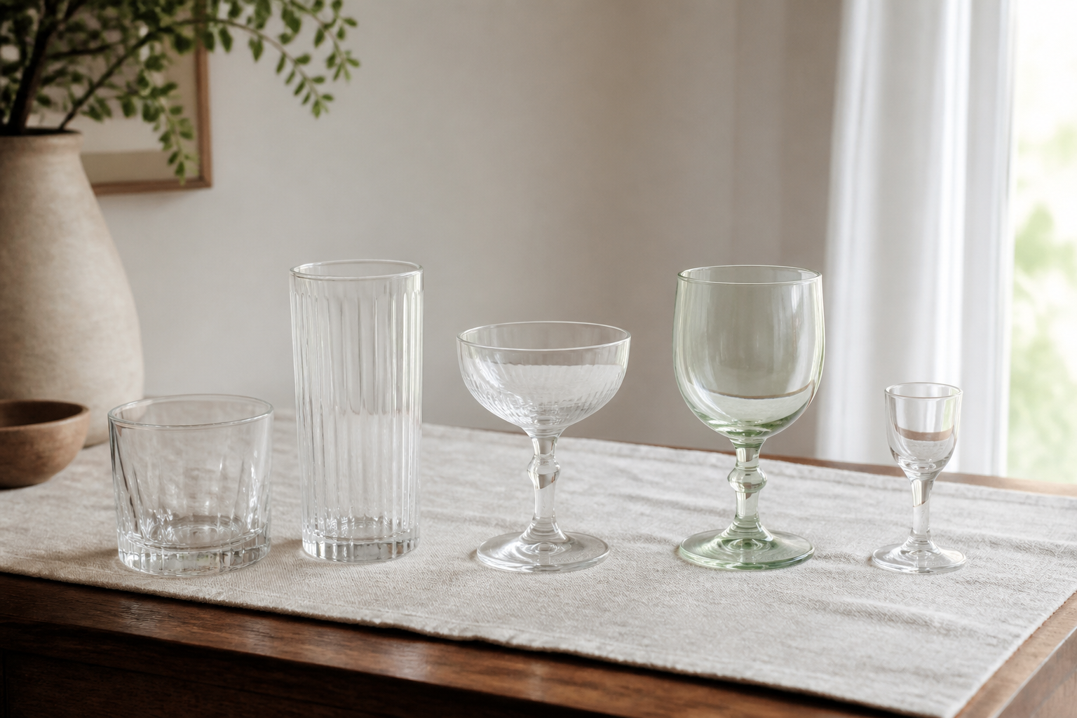 five thrifted glass shapes shown separately with visible space between a rocks glass highball coupe goblet and cordial