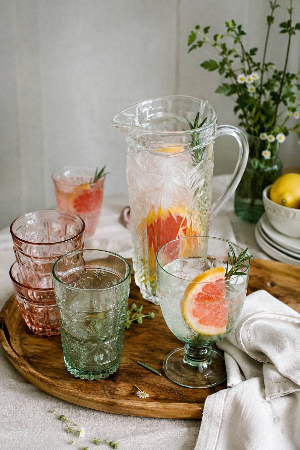 thrifted vintage style glasses grouped by shape with citrus herbs pitcher and linen napkins for summer hosting
