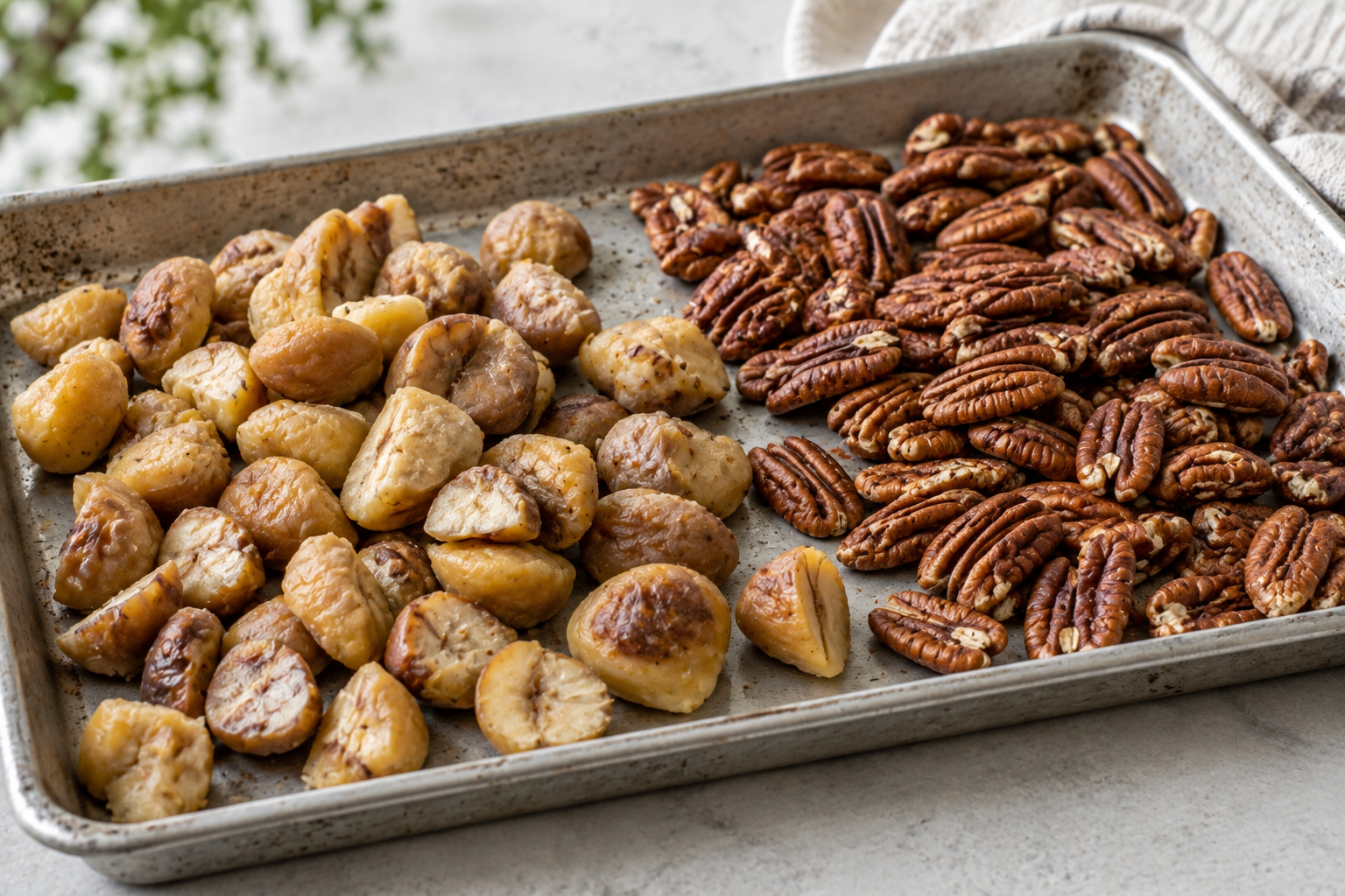 Cooked chestnut pieces and pecans on a baking sheet before syrup preparation