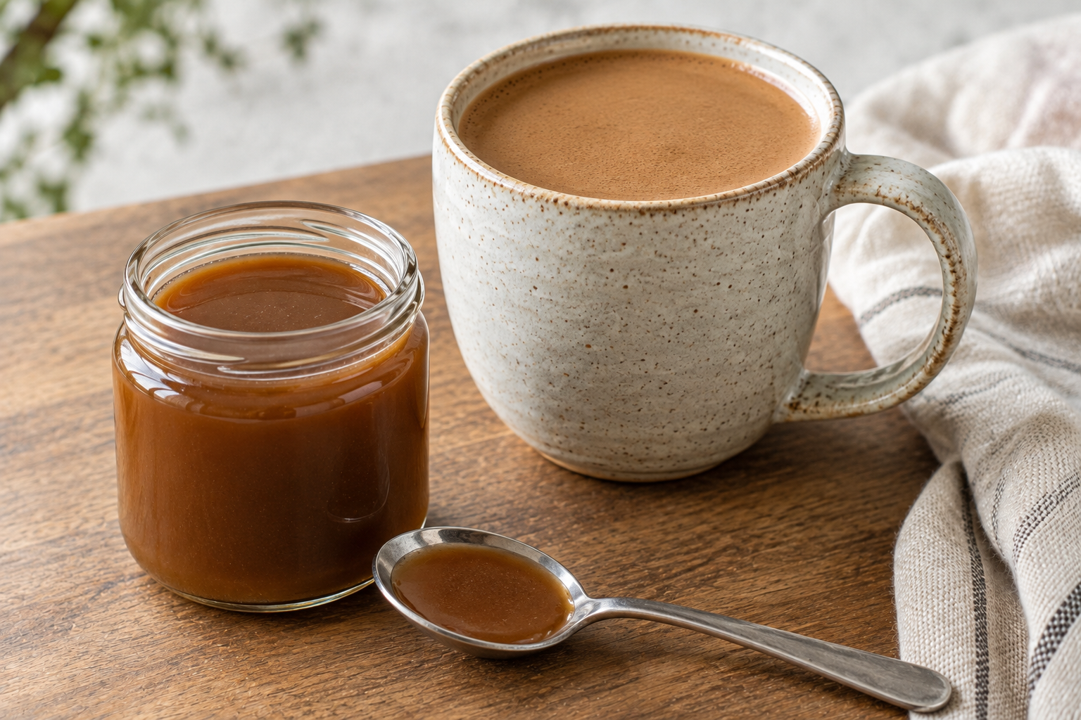Strained chestnut praline syrup beside a finished latte and a tablespoon