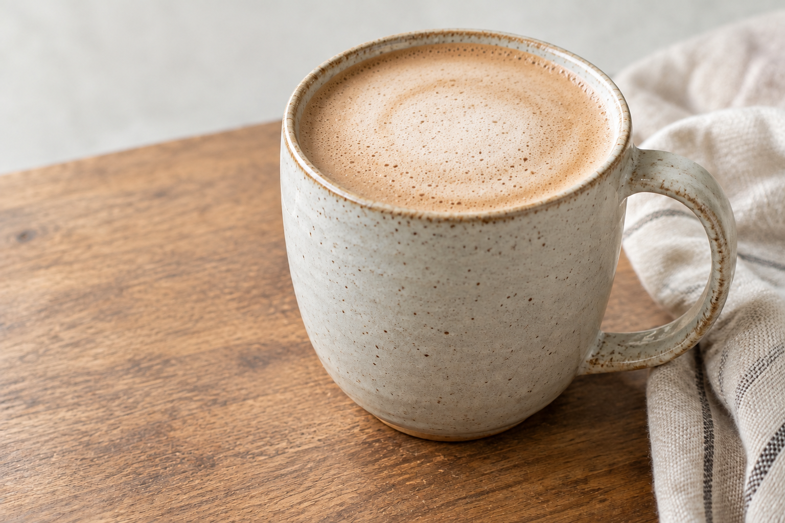 Chestnut praline latte with a foam cap in a handmade ceramic mug