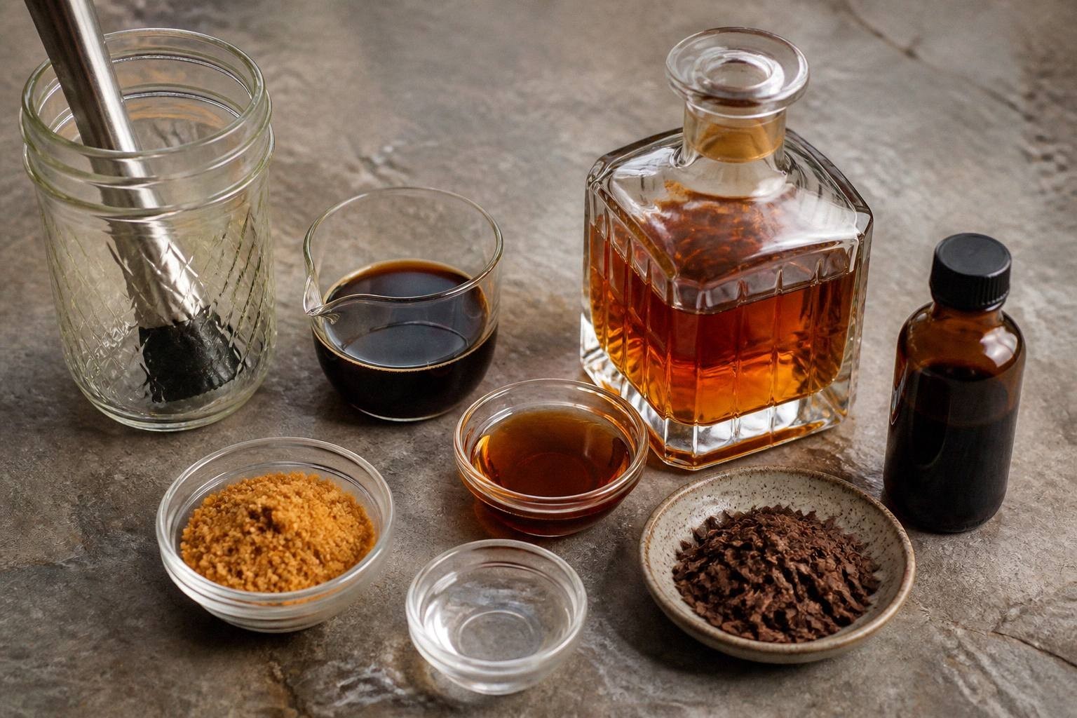 measured ingredients for bourbon espresso old fashioned including brown sugar, bourbon, espresso, syrup, and chocolate bitters