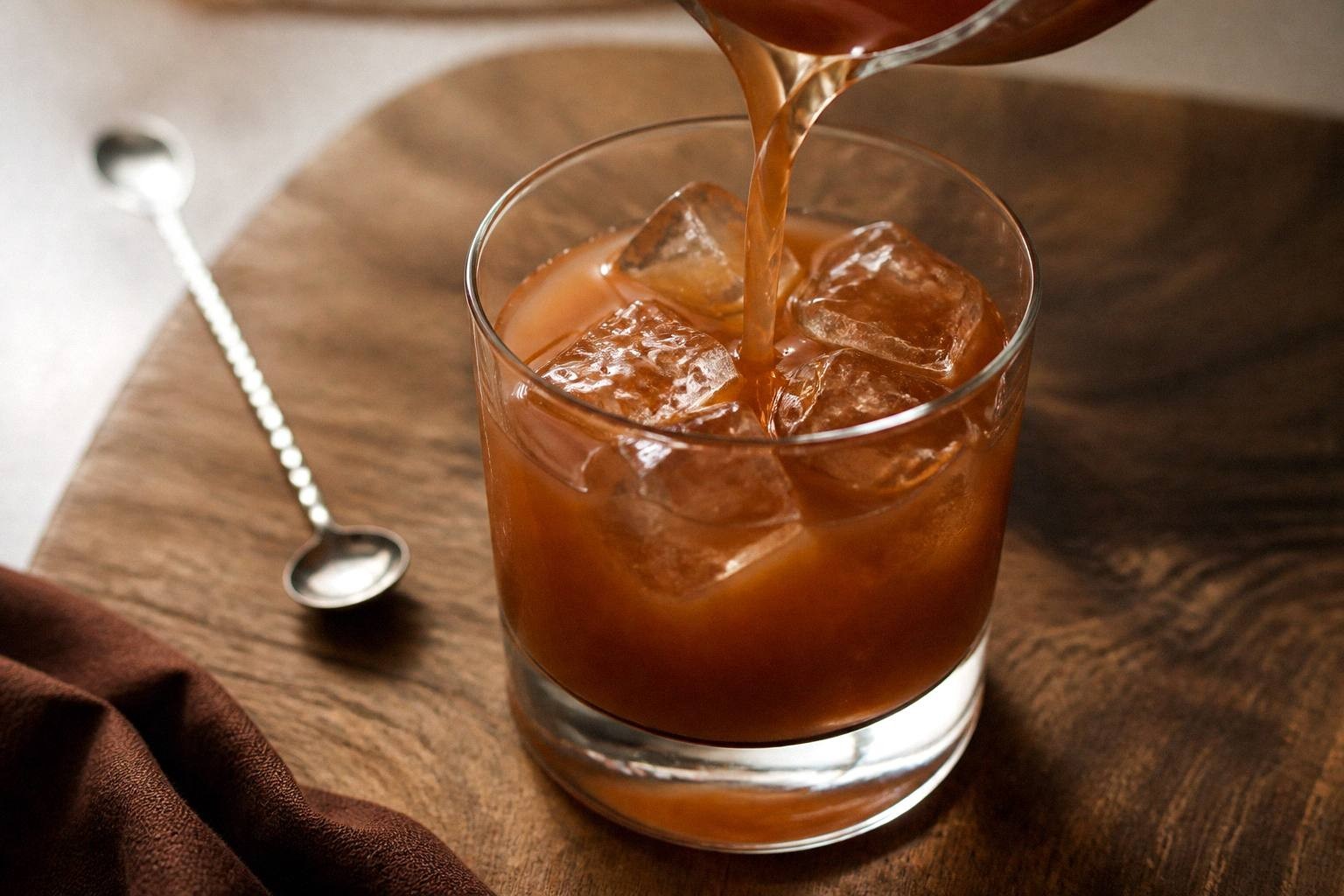 bourbon espresso old fashioned being stirred in rocks glass, liquid in motion over ice