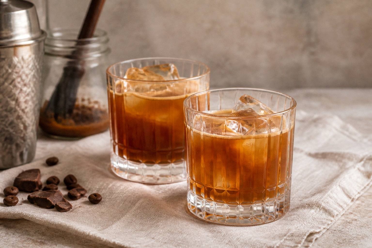 two finished bourbon espresso old fashioned cocktails in rocks glasses styled on table