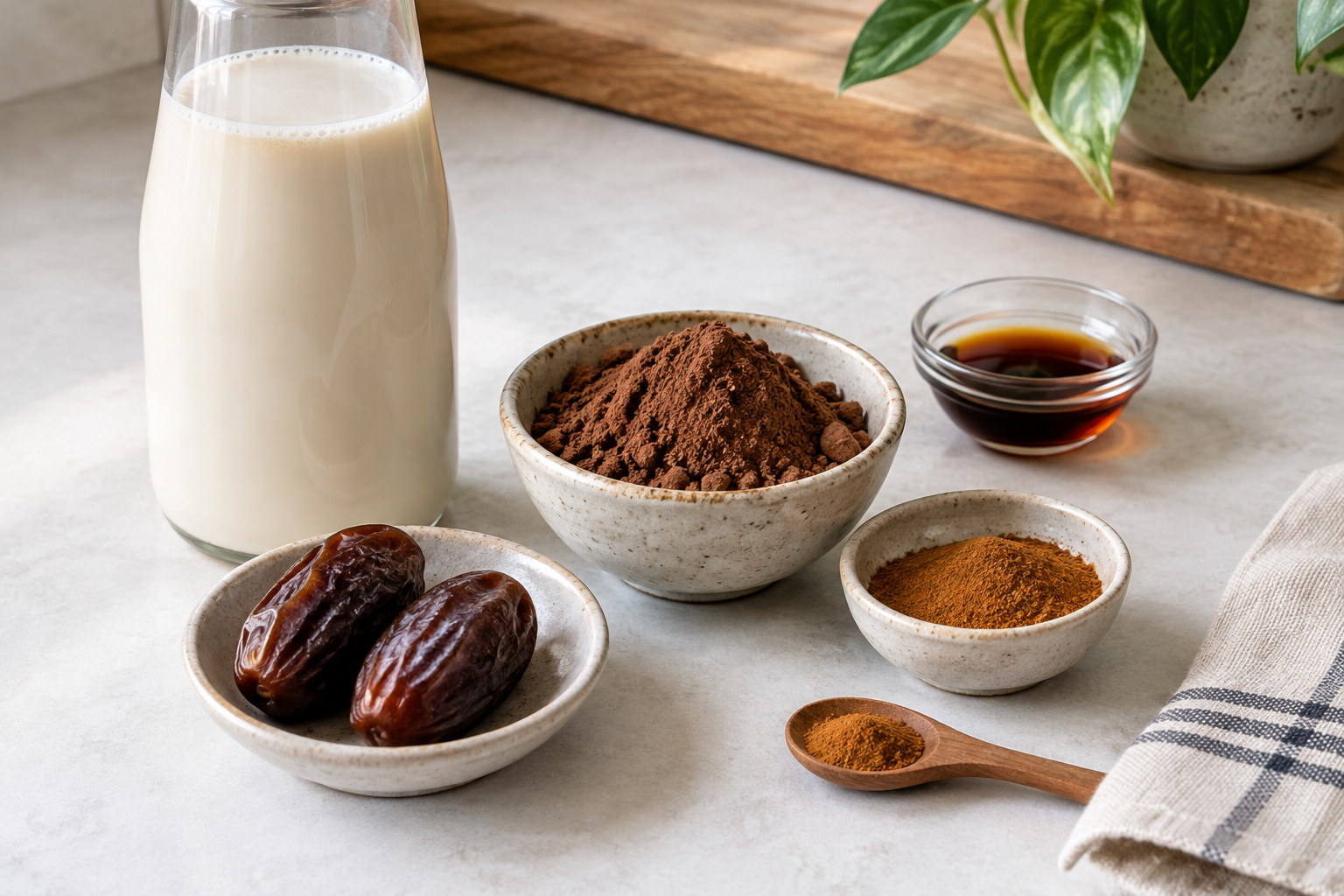 Pitted dates, milk, cacao, cinnamon and vanilla measured for a chocolate date latte