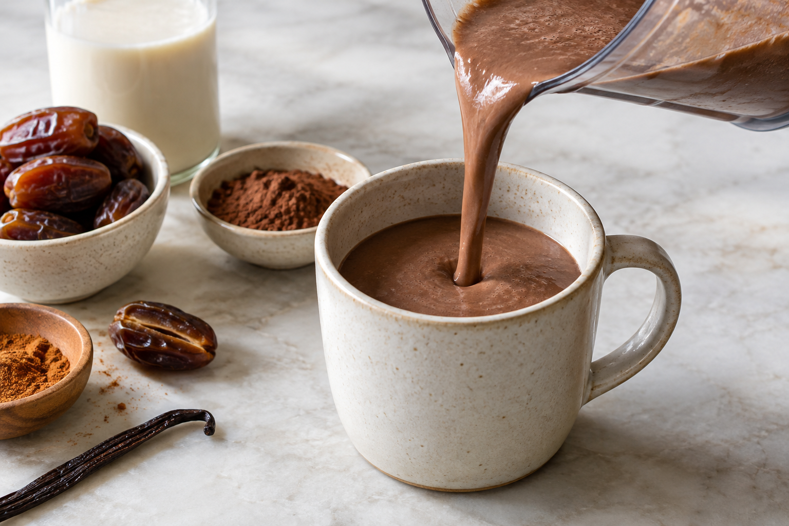 Chocolate date latte mixture poured into a ceramic mug