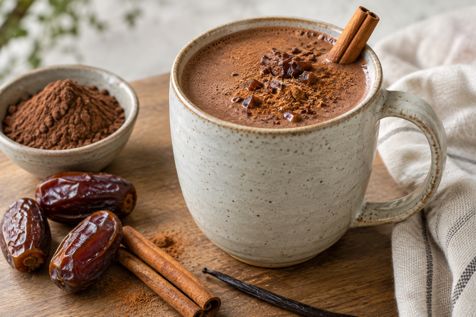 Chocolate date latte in a ceramic mug with dates, cacao and cinnamon nearby