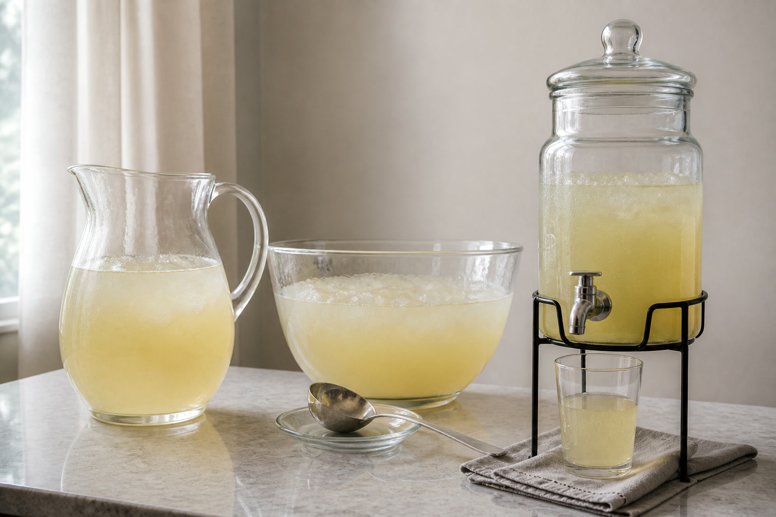Comparison diagram showing a 64-ounce pitcher with nine 6-ounce pours, a 96-ounce punch bowl with thirteen pours, and a two-gallon dispenser with thirty-six pours at 85 percent working capacity