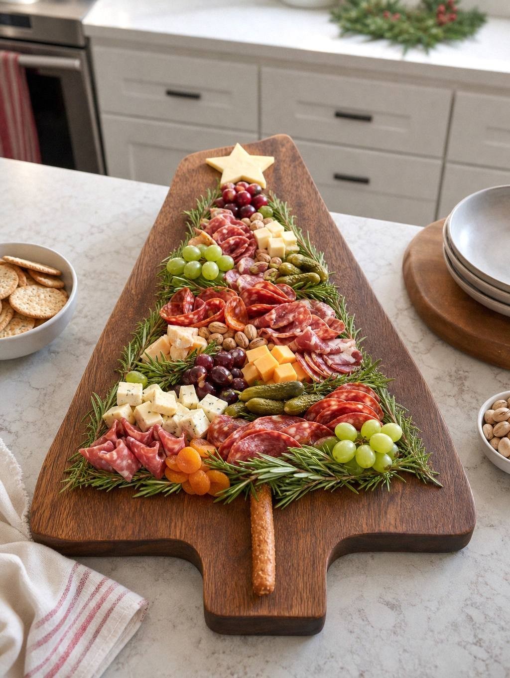 rectangular cutting board with ingredients clustered into Christmas tree shape with pretzel trunk