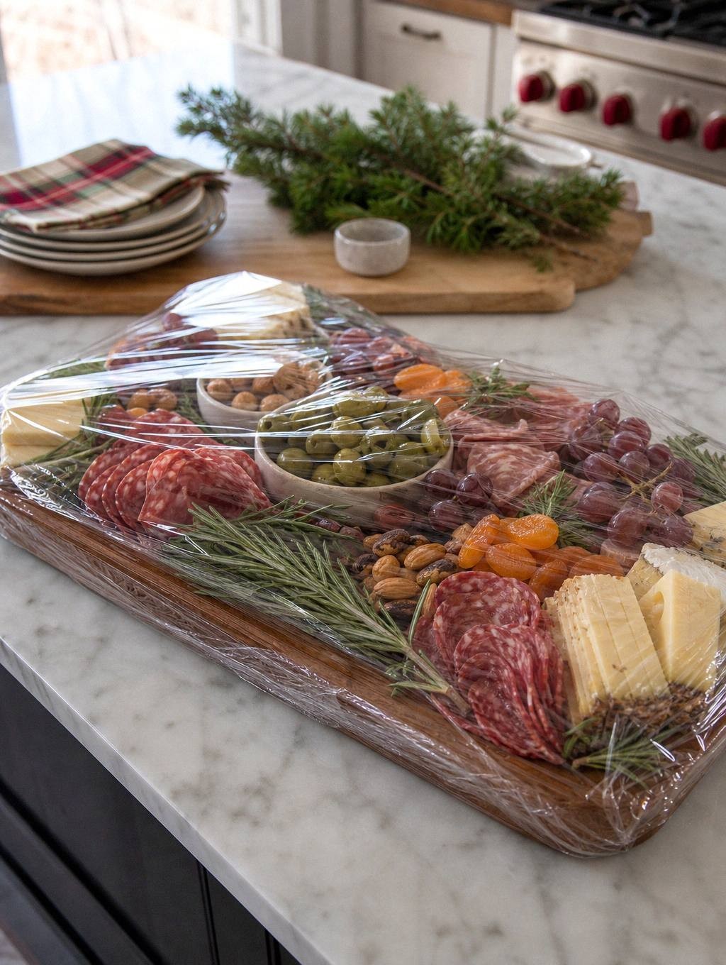 assembled charcuterie board covered with plastic wrap on refrigerator shelf
