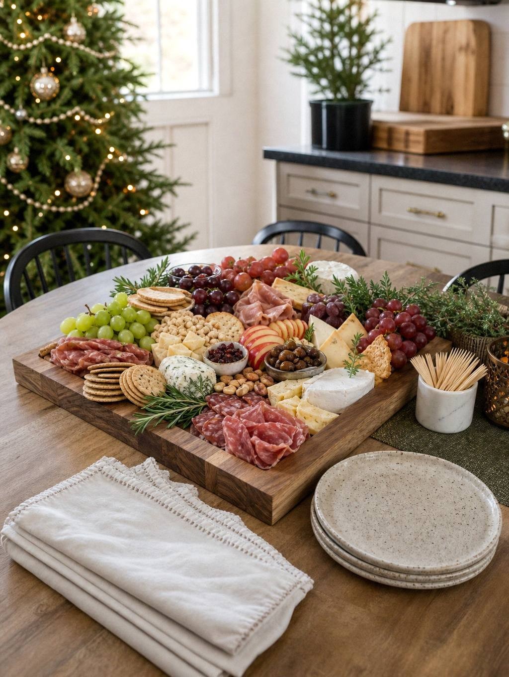 Christmas charcuterie board on kitchen island with small plates, napkins, and toothpicks nearby