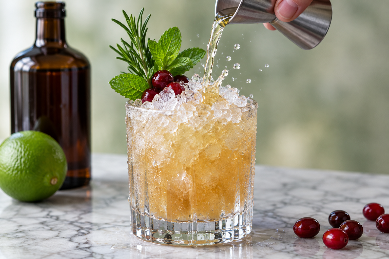 pouring shaken christmas mai tai over crushed ice in a glass