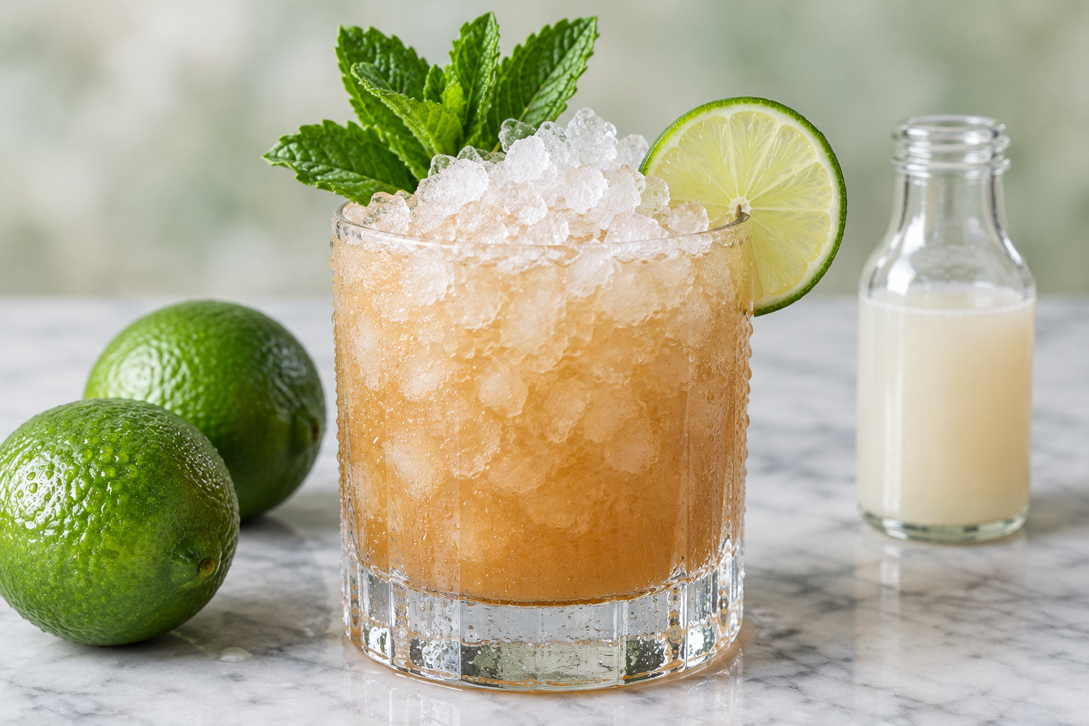 christmas mai tai in a glass with crushed ice, garnished with mint and lime wedge