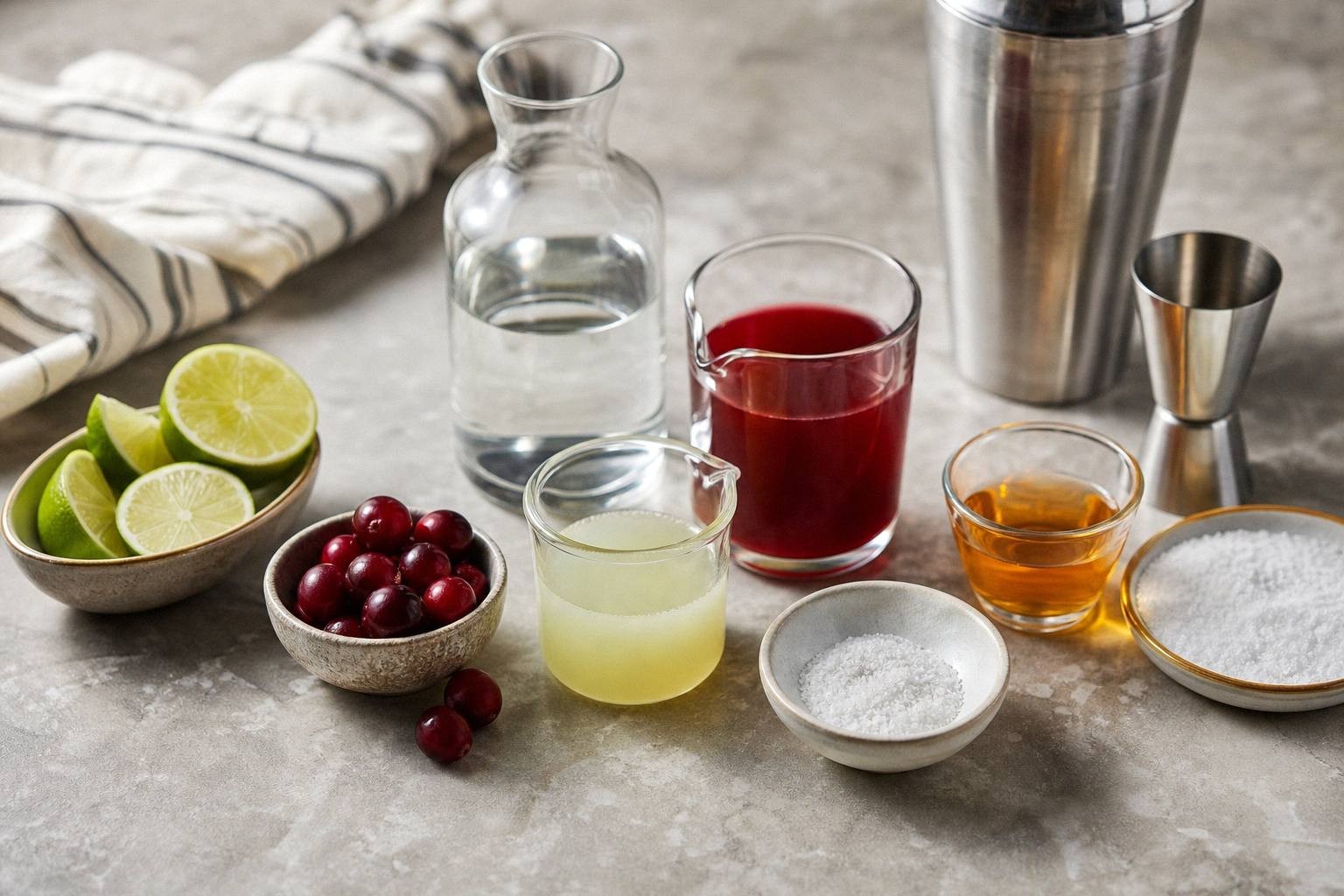 Measured ingredients for Christmas margarita including cranberry juice, lime juice, triple sec, blanco tequila and lime slice garnish