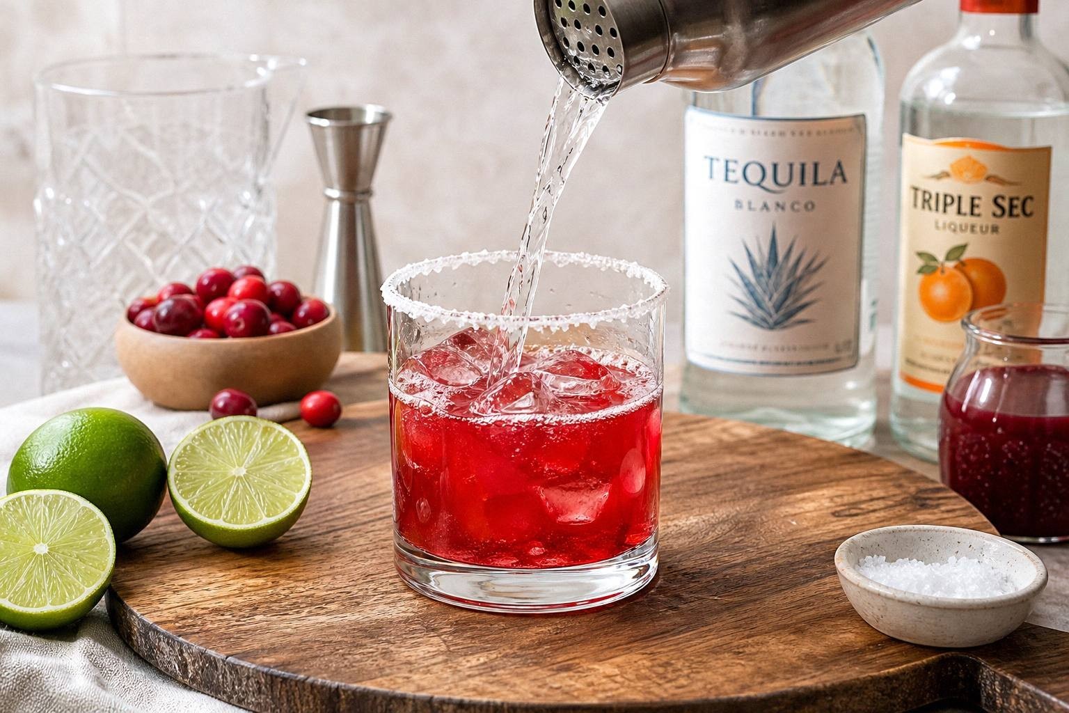 Pouring Christmas margarita into a glass, liquid in motion, made with cranberry juice and tequila