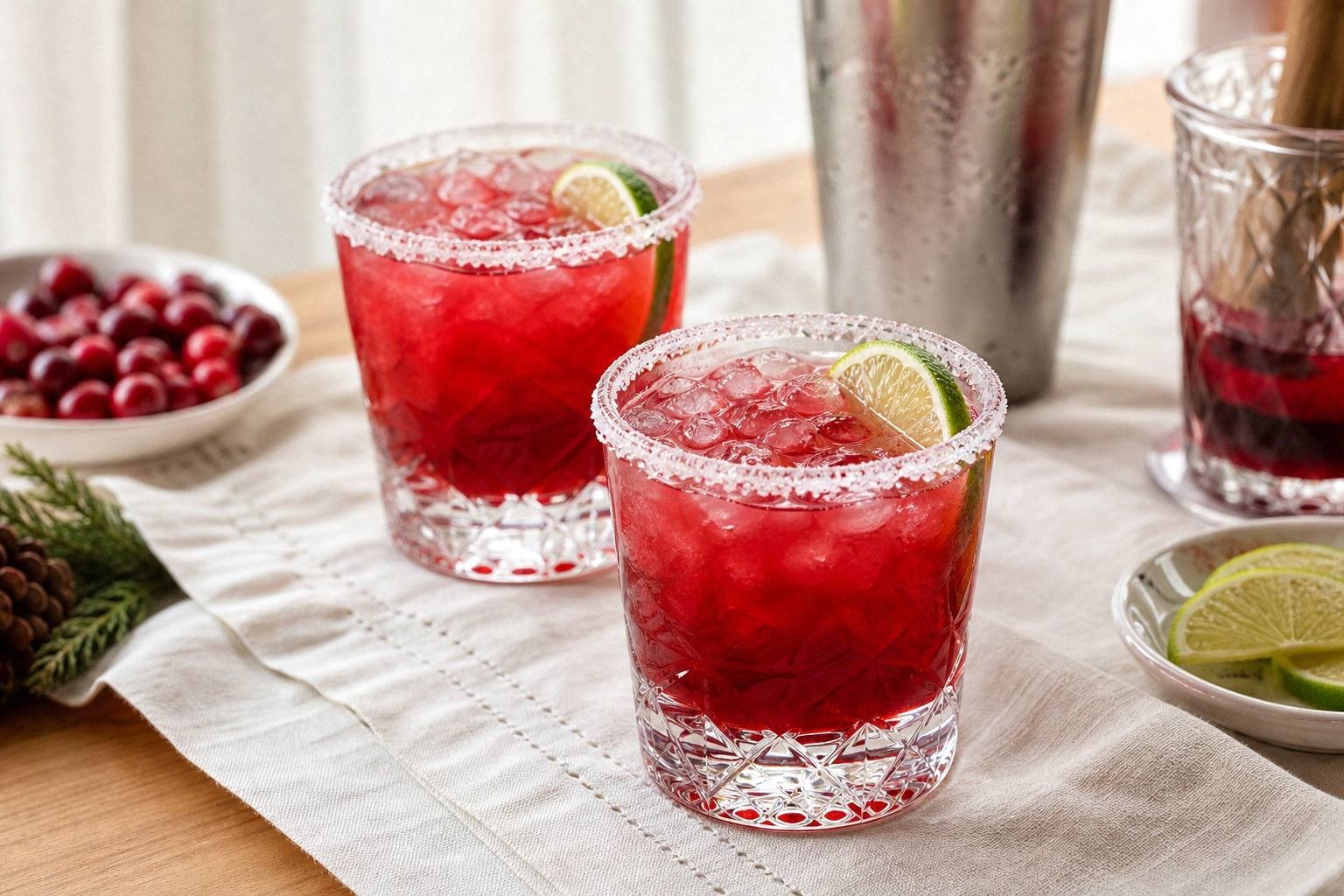Two Christmas margaritas styled on a table, each garnished with lime and served in cocktail glasses