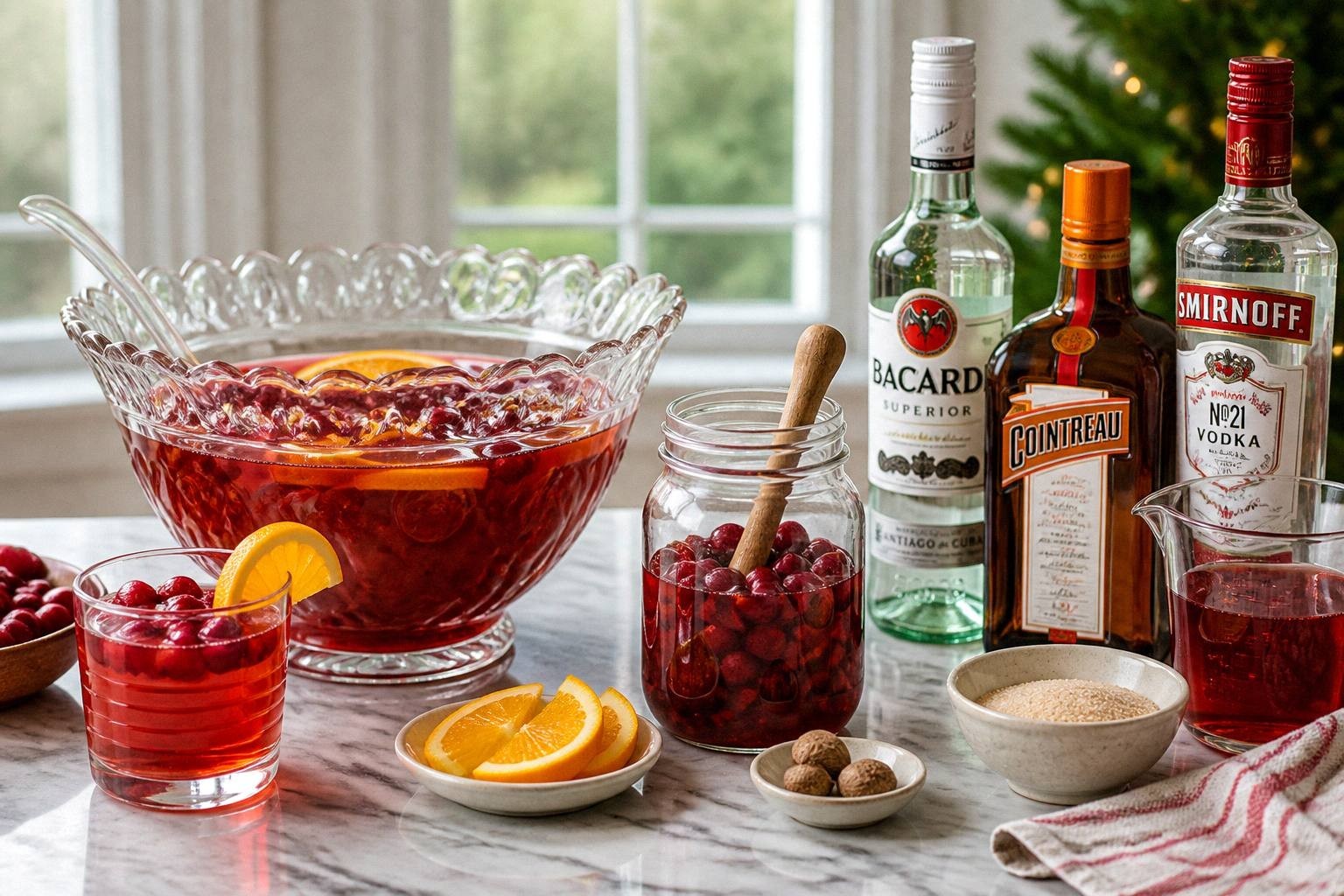 ingredients for christmas punch arranged on counter: cranberry juice, prosecco bottles, apple cider, ginger ale, rum, fresh cranberries, sliced oranges