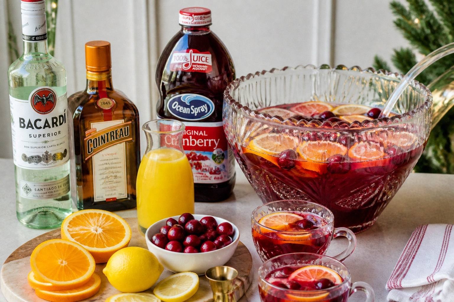 prosecco being poured into punch bowl filled with cranberry juice mixture and ice, liquid splashing