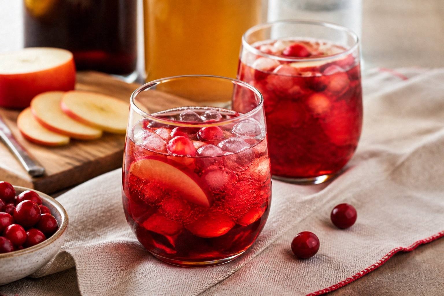 two glasses of finished christmas punch on holiday table with cranberries and orange slices floating on top