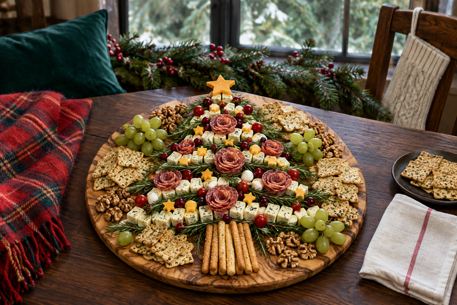 Round board with a Christmas tree of salami roses, cheese cubes and grapes, a breadstick trunk and crackers around it