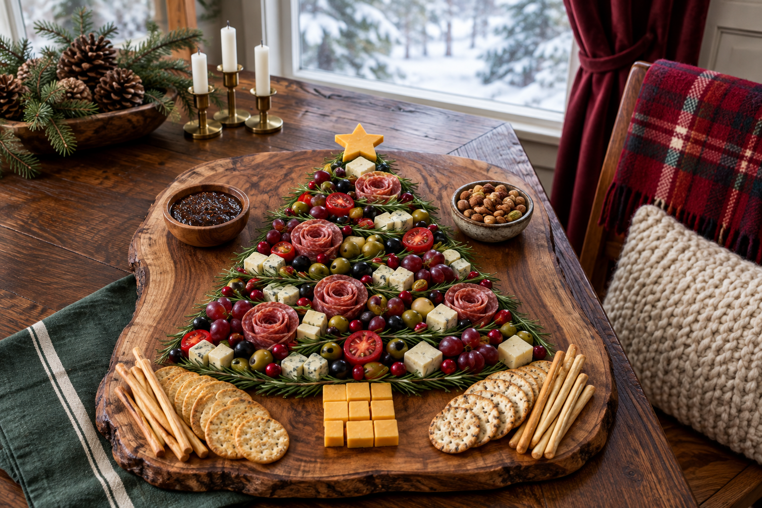 Christmas tree charcuterie board with salami roses and cheese cubes, crackers and breadsticks set beside the tree