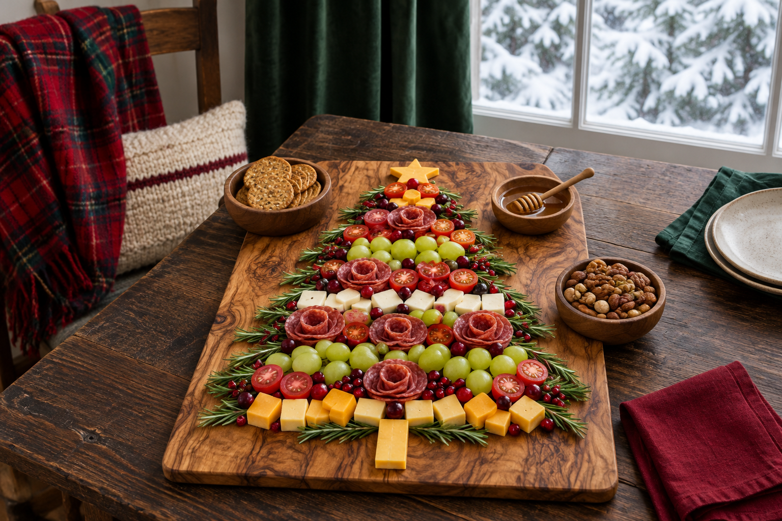 Finished Christmas tree charcuterie board with rows of salami roses, cheese cubes, grapes and tomatoes and a cheese cube trunk