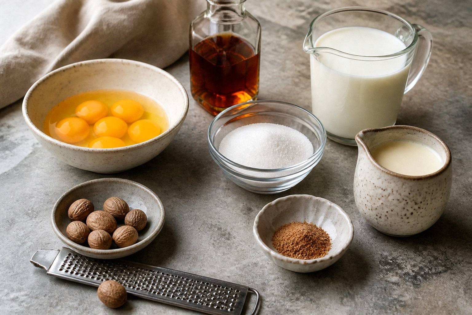 Ingredients for eggnog laid out: eggs, sugar, whole milk, heavy cream, dark rum, and whole nutmeg