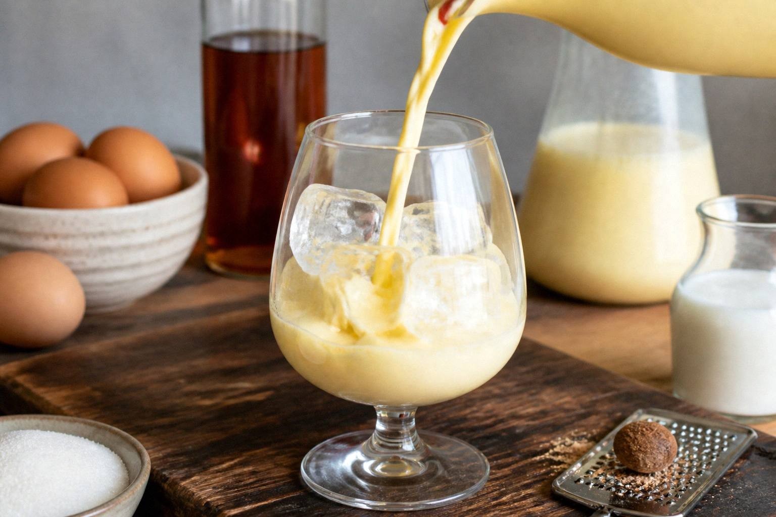 Pouring pale yellow eggnog into a goblet, liquid in motion