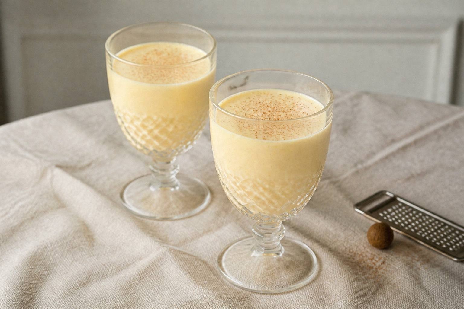 Two goblets of finished classic eggnog garnished with nutmeg on a styled table