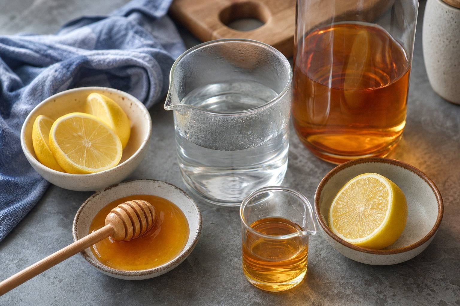 ingredients for hot toddy measured and arranged on counter: whiskey, honey, lemon, hot water in separate containers