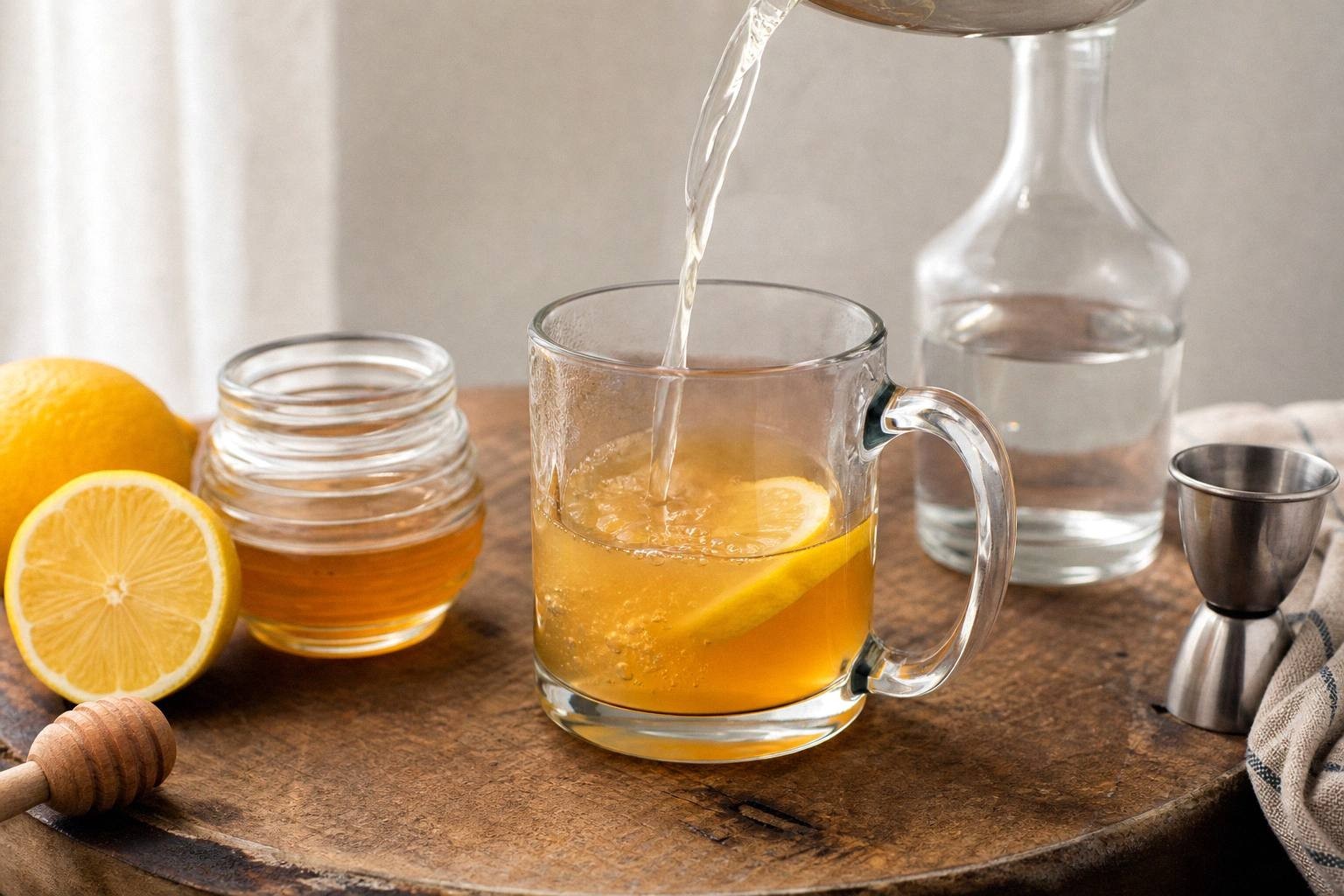 pouring hot water into mug with whiskey and honey, liquid mixing and steaming