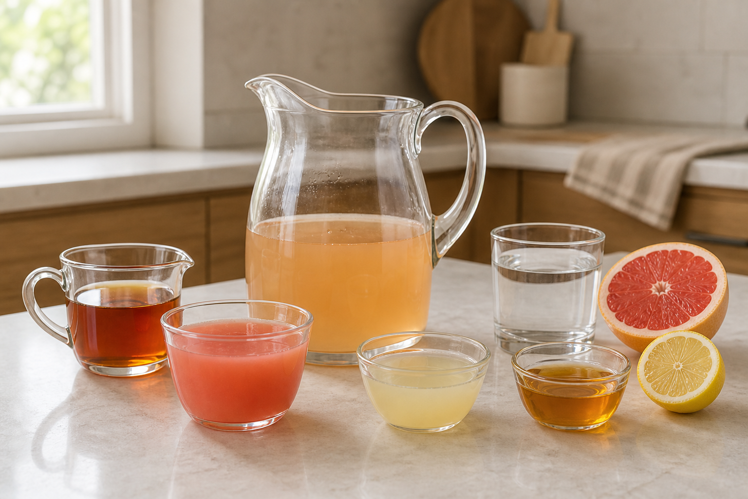 Measured black tea, grapefruit juice, lemon juice, honey syrup, and water beside a clear one-quart pitcher